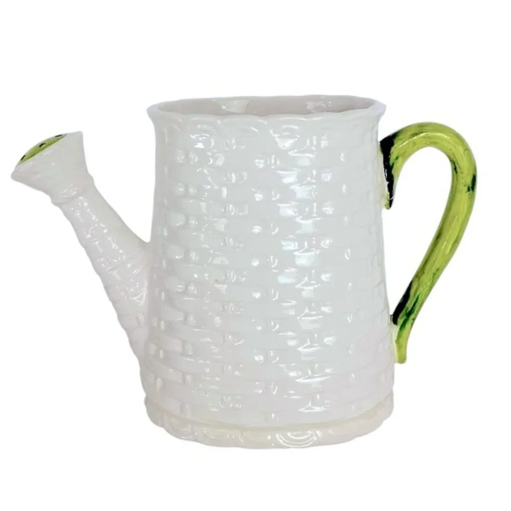 Vintage Basket Weave Ceramic Watering Can Planter Numbered Multi Use White Green